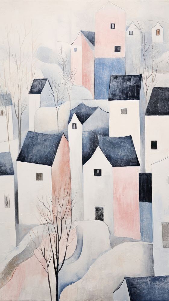Snowy village painting drawing sketch.