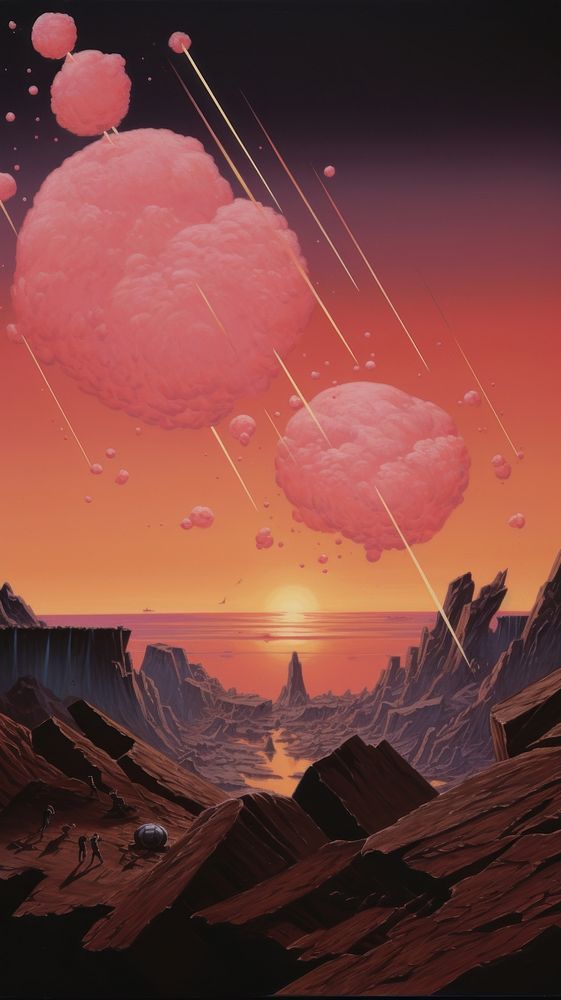 The meteorites explodes in the pink sky mountain outdoors nature.