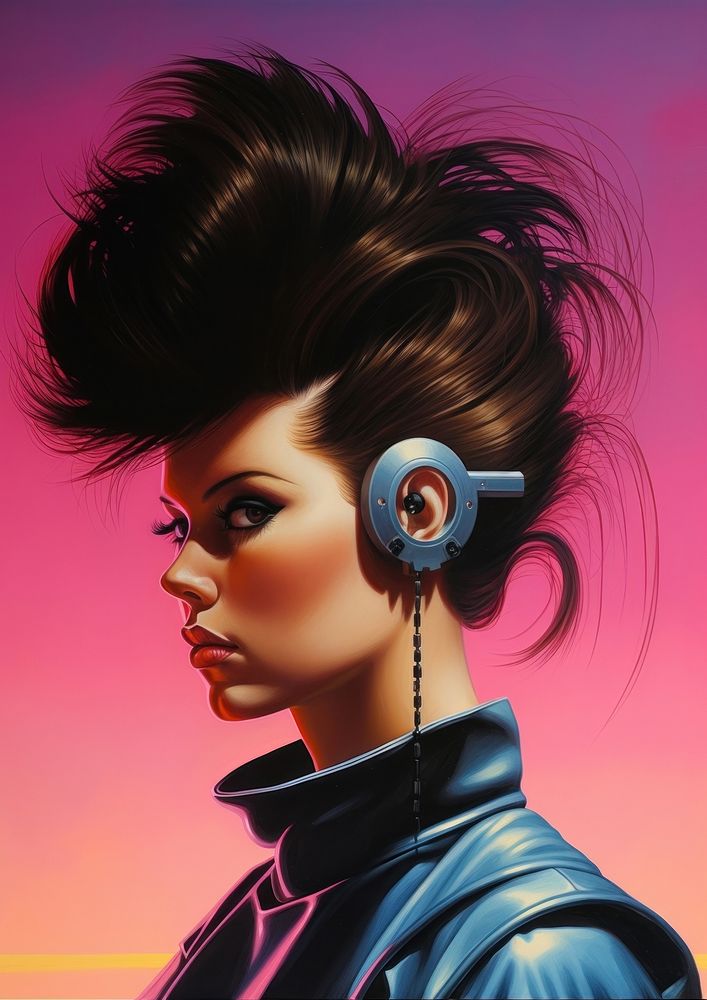 A woman with hair style headphones painting headset.