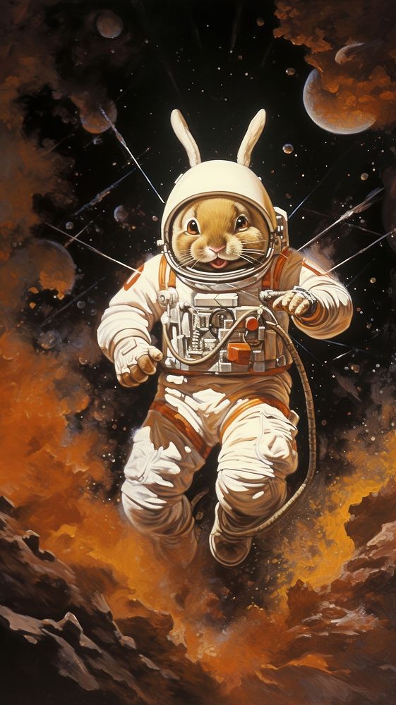 A happy rabbit in astronaut space representation publication.