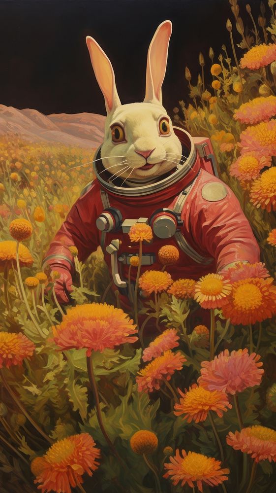 A happy rabbit with astronaut flower outdoors painting.