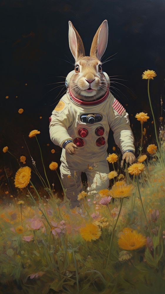 A happy rabbit with astronaut flower outdoors animal.