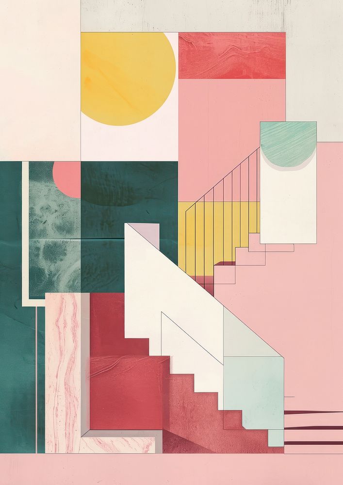 Vintage diagram art architecture staircase painting.
