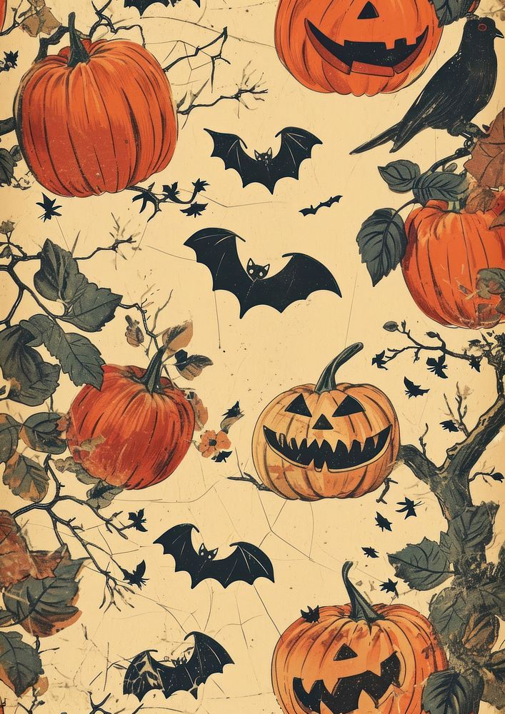 Vintage halloween wallpaper anthropomorphic jack-o'-lantern backgrounds.