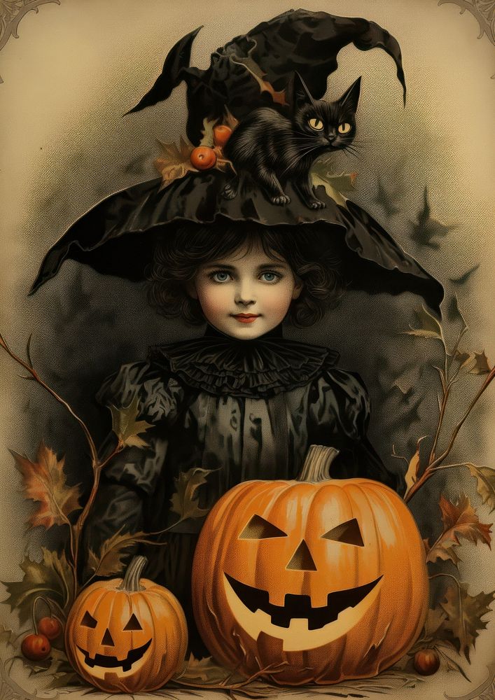 Vintage halloween wallpaper anthropomorphic jack-o'-lantern representation.