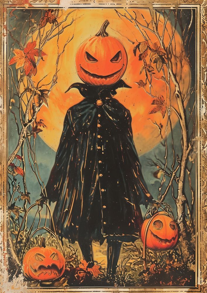 Vintage halloween postcard anthropomorphic jack-o'-lantern representation.