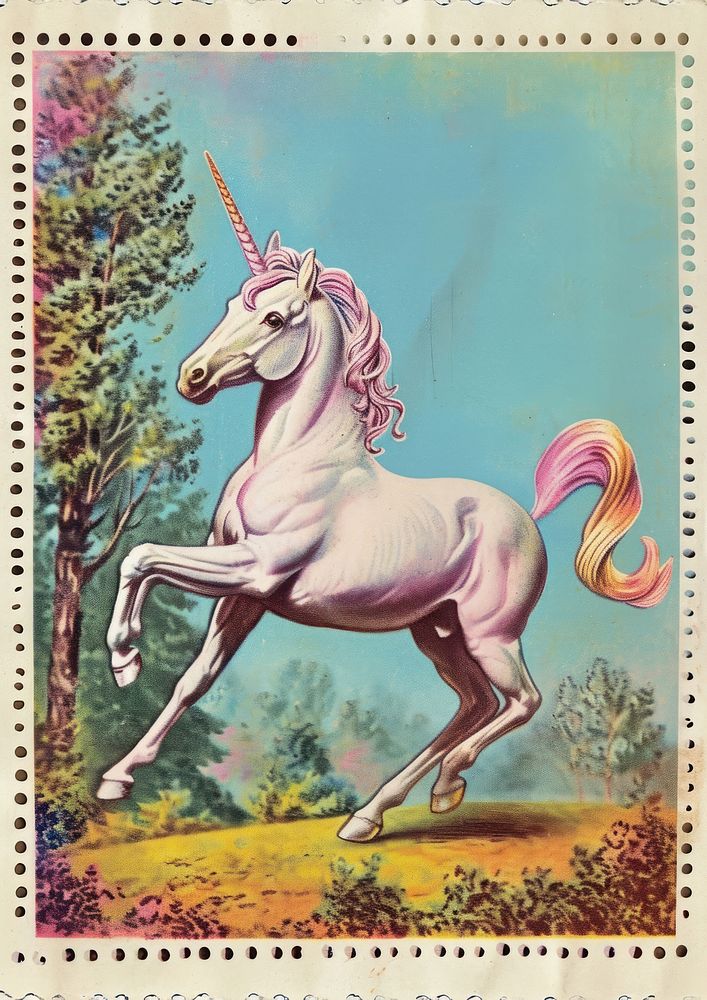 Vintage postage stamp with unicorn painting animal mammal.