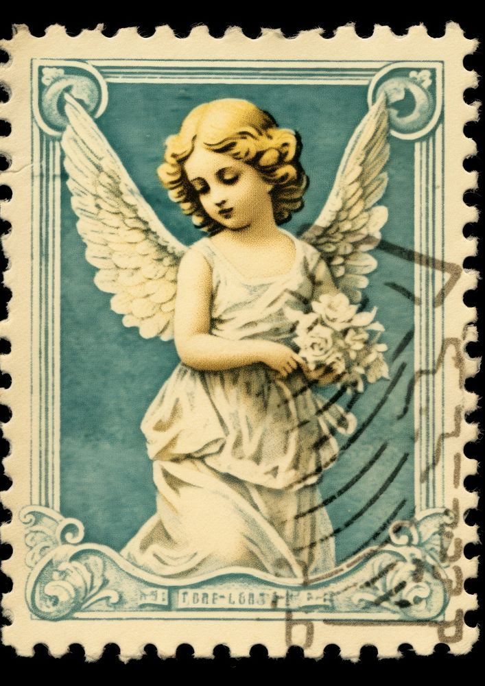 Vintage postage stamp with angel representation spirituality architecture.