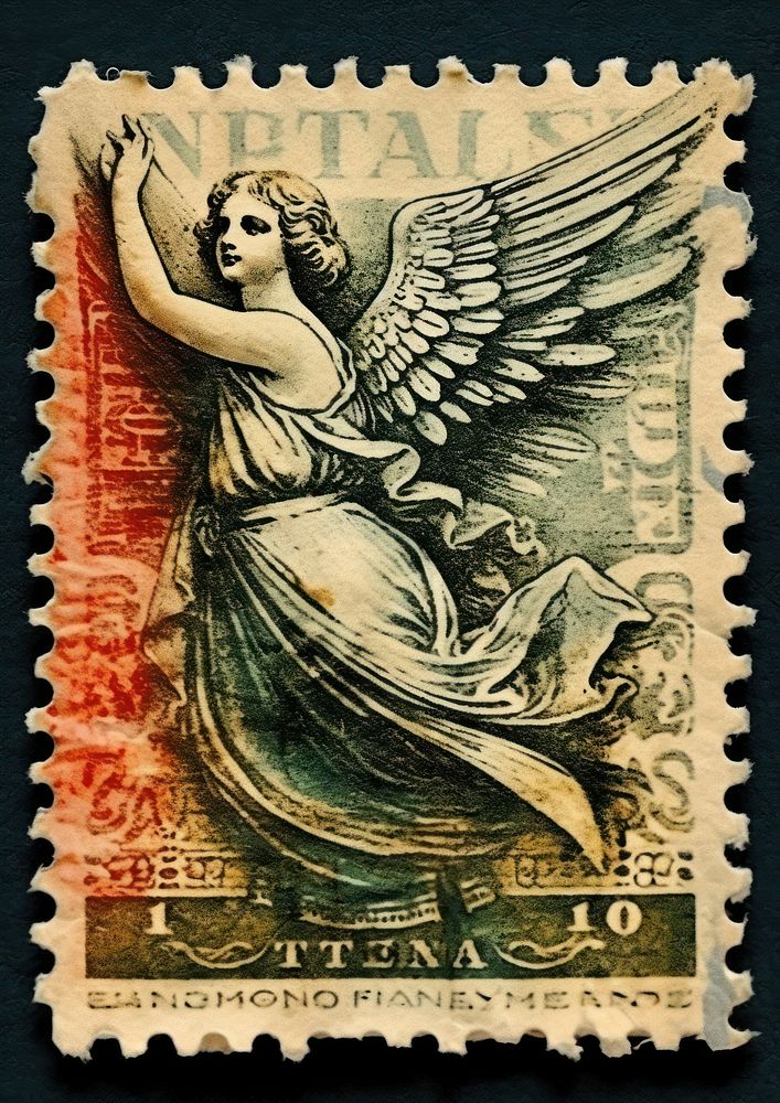 Vintage postage stamp with angel representation architecture creativity.