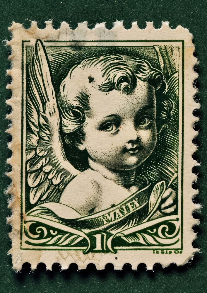 Vintage postage stamp with angel representation creativity sketch.