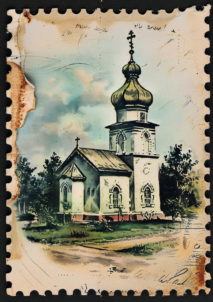 Vintage postage stamp with church painting architecture spirituality.