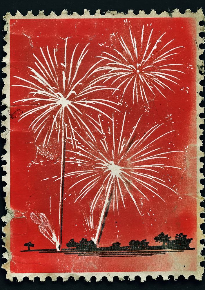Vintage postage stamp with fireworks backgrounds celebration recreation.