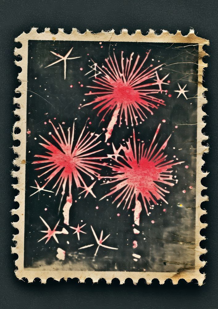 Vintage postage stamp with fireworks paper art celebration.
