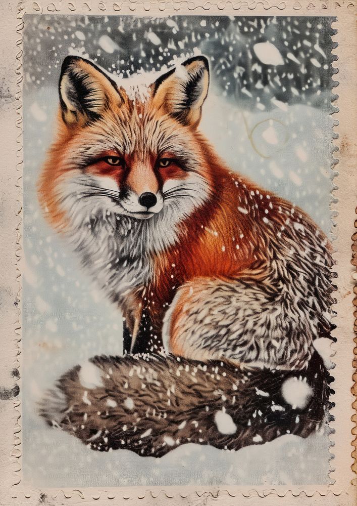 Vintage postage stamp with fox animal mammal snow.