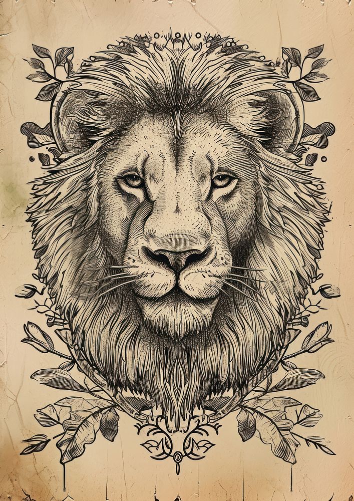 Vintage postage stamp with lion drawing mammal sketch.