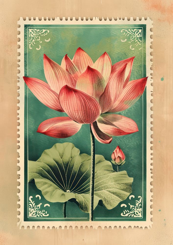 Vintage postage stamp with lotus flower plant inflorescence.