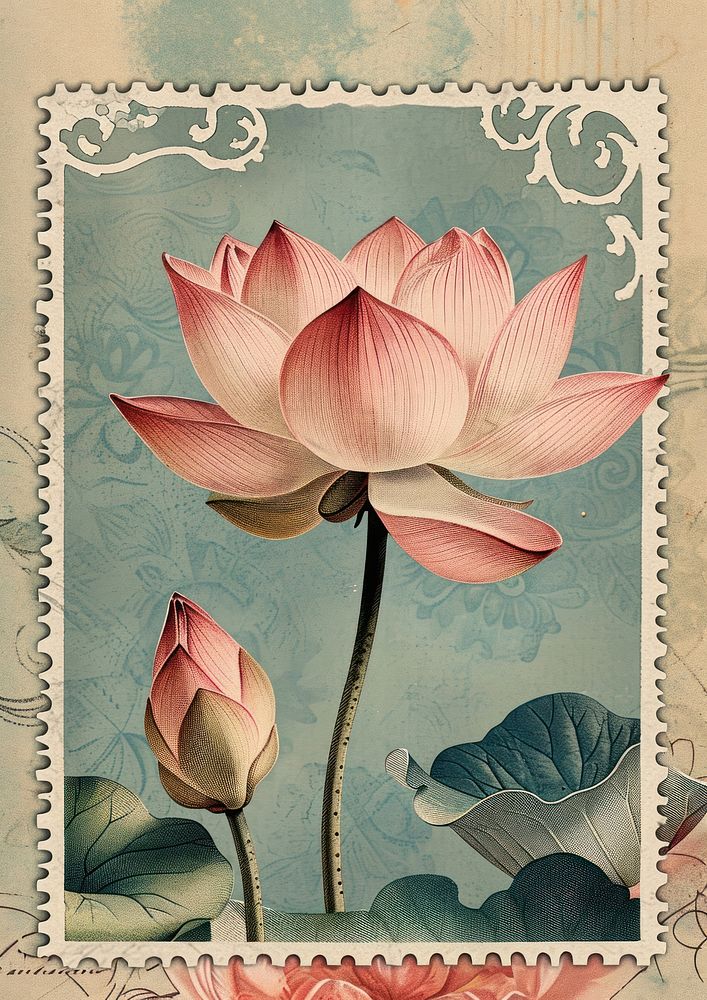 Vintage postage stamp with lotus flower plant lily.