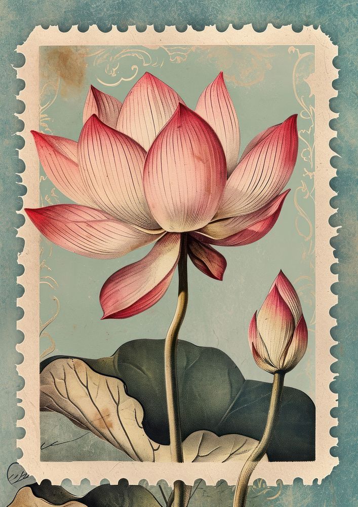 Vintage postage stamp with lotus flower plant art.