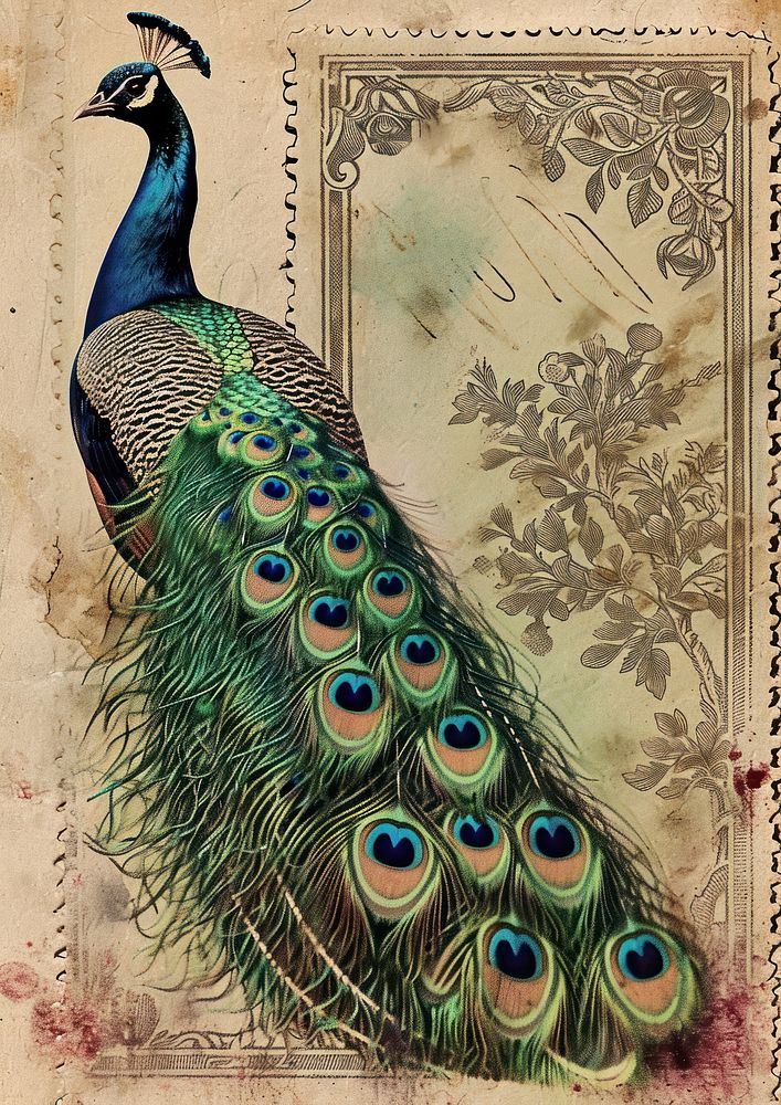 Vintage postage stamp with peacock animal bird creativity.