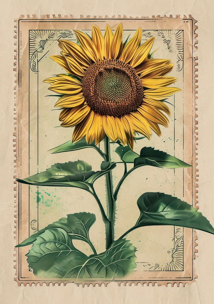Vintage stamp with sunflower plant inflorescence asterales.