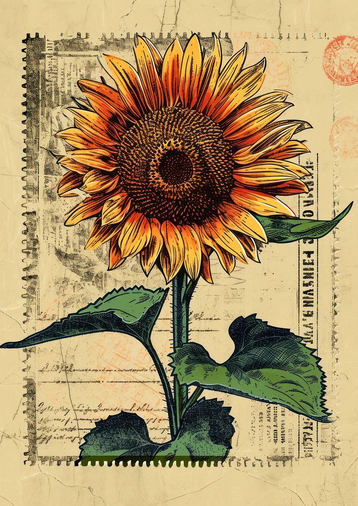 Vintage stamp with sunflower plant paper inflorescence.