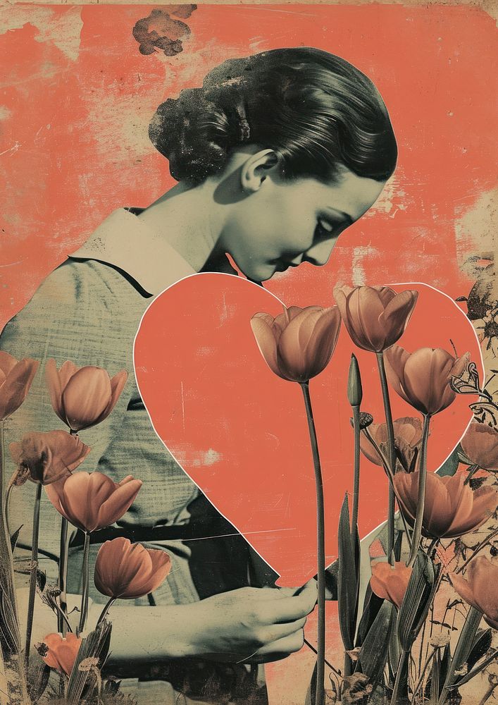 Vintage valentine postcard painting flower plant.