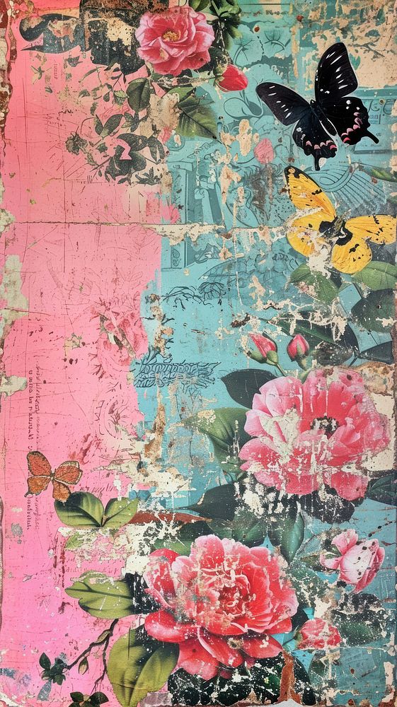Vintage wallpaper collage painting flower.