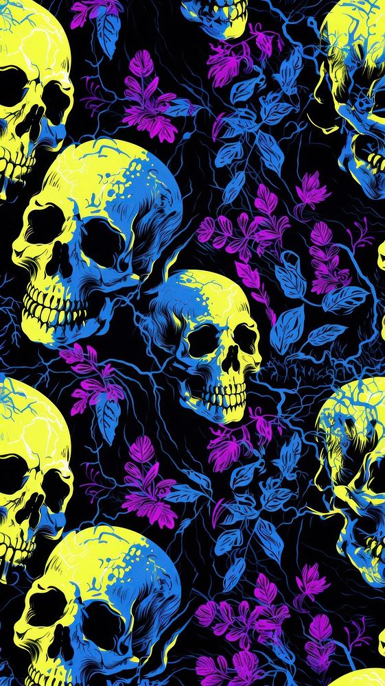 White skull and glowing floral pattern backgrounds graphics purple. 