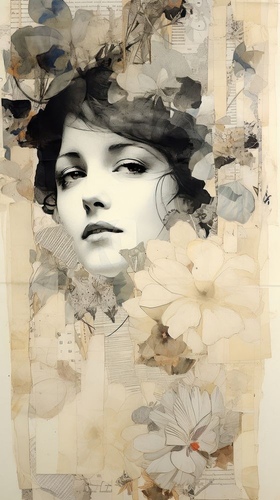 Women vintage wallpaper collage portrait painting.