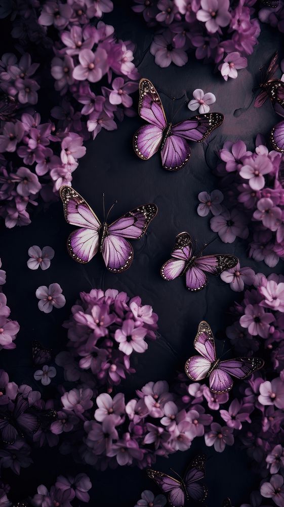  Purple flowers with butterfly insect petal plant. AI generated Image by rawpixel.
