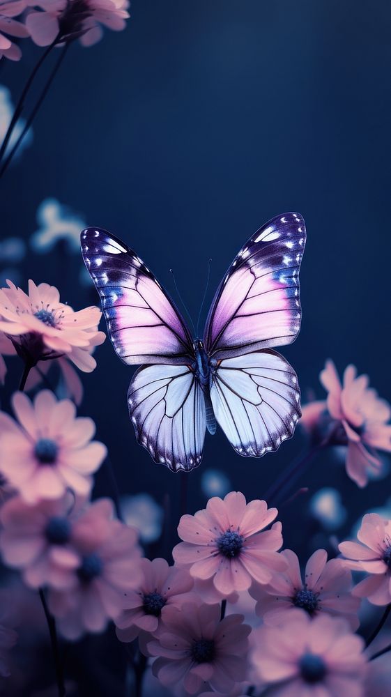  Purple flowers with butterfly outdoors blossom nature. AI generated Image by rawpixel.
