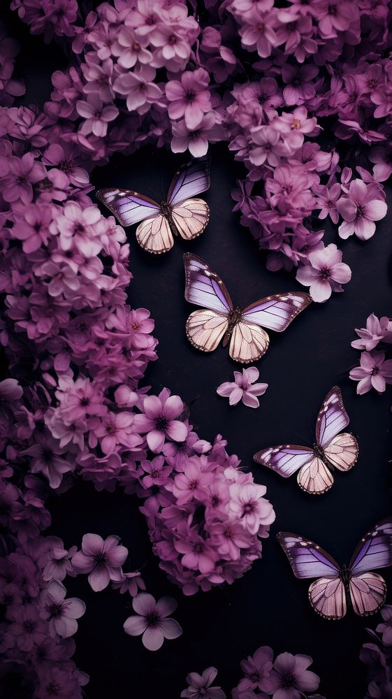  Purple flowers with butterfly outdoors nature petal. AI generated Image by rawpixel.