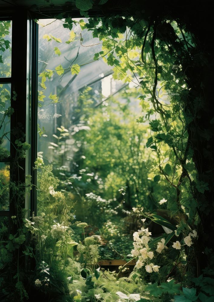Front of a window overgrown garden environment outdoors woodland nature. AI generated Image by rawpixel.