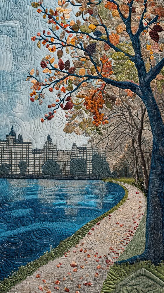 Embroidery with nice city park by the lake painting tapestry craft.