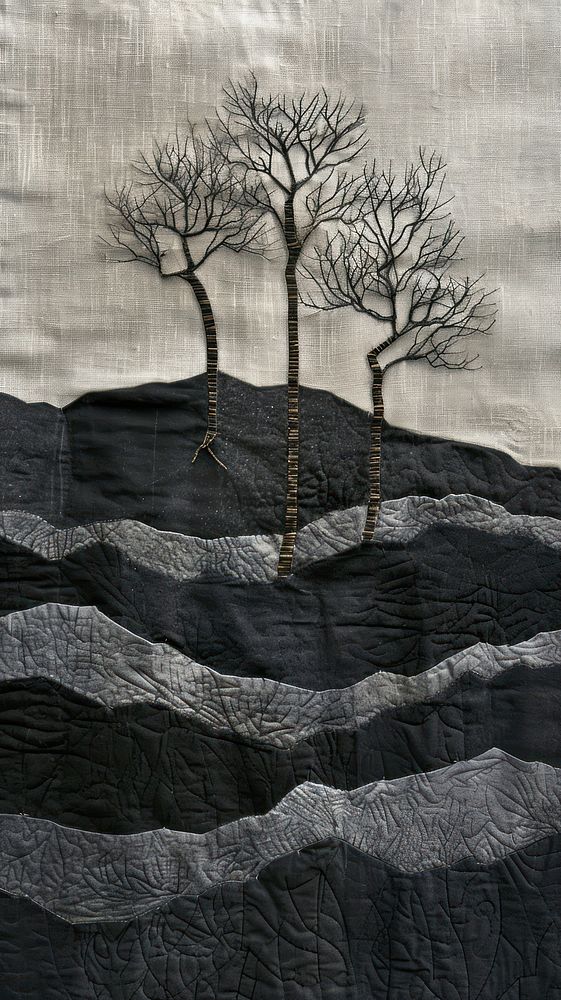 Embroidery with dry trees on dark sky landscape textile plant.
