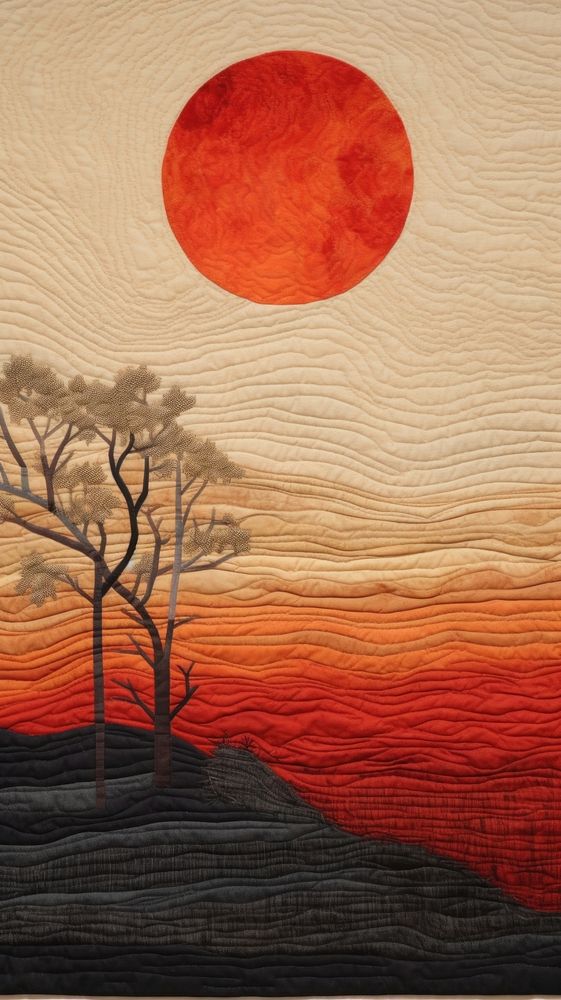 Embroidery with sunset landscape outdoors nature.