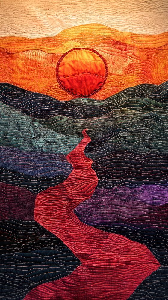 Embroidery with sunset painting textile pattern.