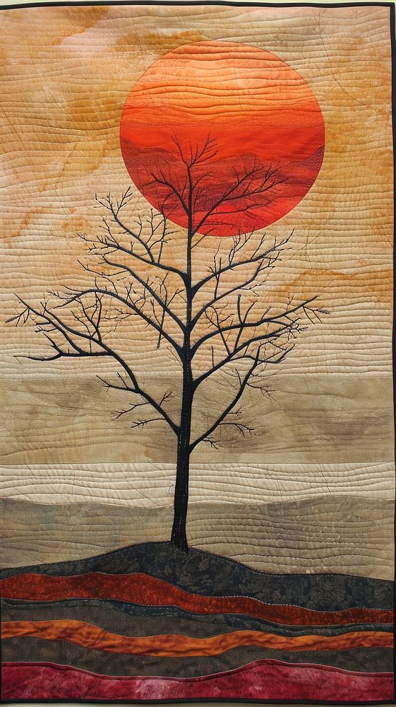 Embroidery with sunset painting plant tree.