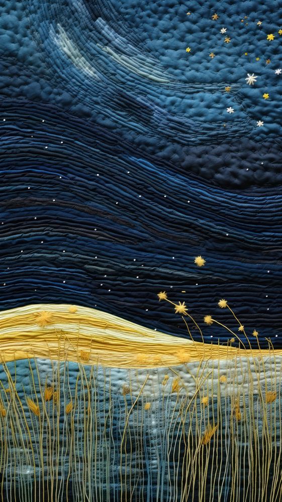 Embroidery starry sky meadow landscape outdoors nature.
