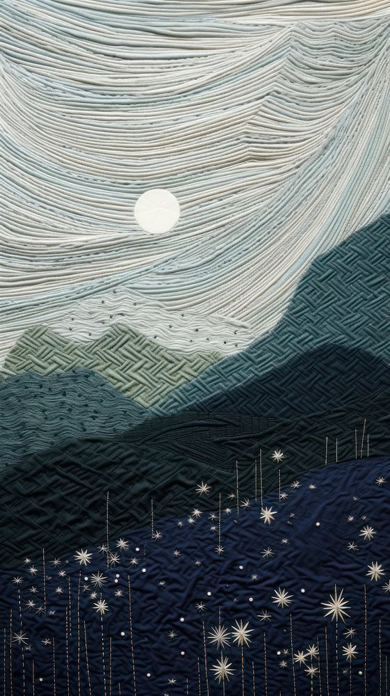 Embroidery starry sky meadow astronomy nature night.