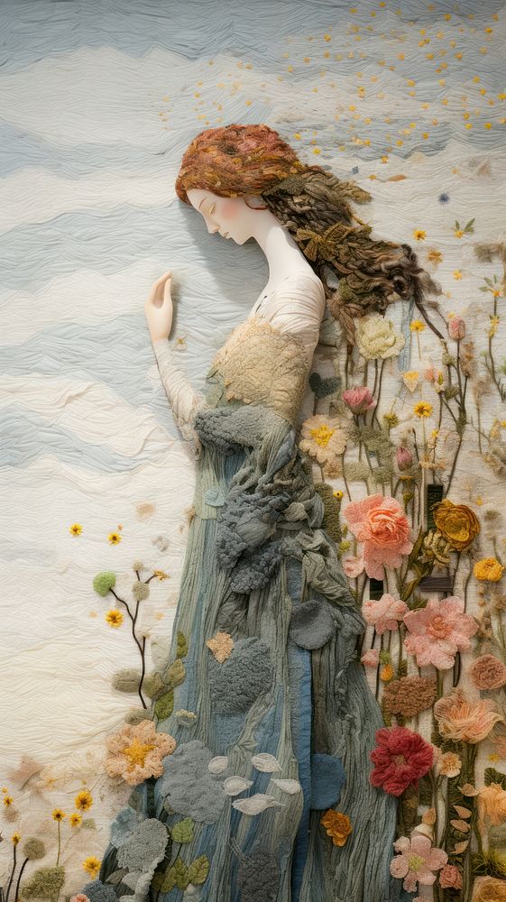 Goddess sculpture and floral painting flower plant.