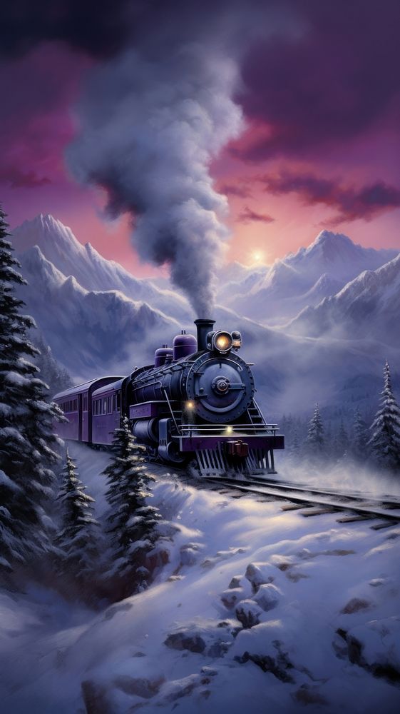  An old steam train chugging through snowy mountains locomotive vehicle railway
