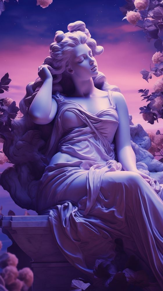  Purple aesthetic wallpaper of Greek goddess statue sculpture flower plant. 