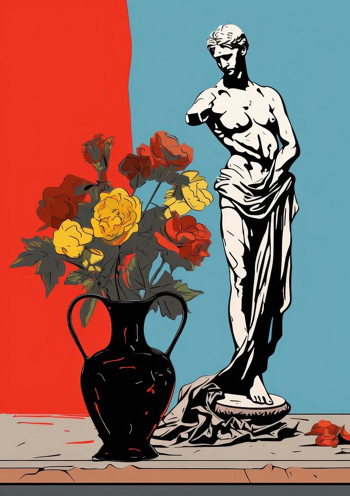 A statue and flowers vase on a table art painting plant. AI generated Image by rawpixel.