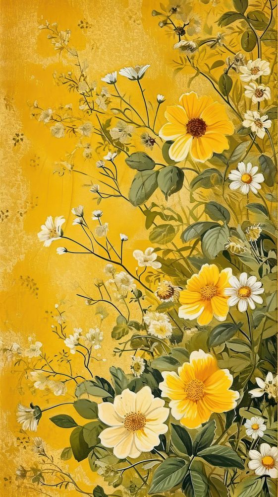 Flowers vintage wallpaper painting pattern yellow.