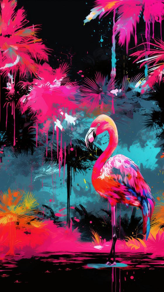 Flamingo with palm tree pattern paint bird art. AI generated Image by rawpixel.