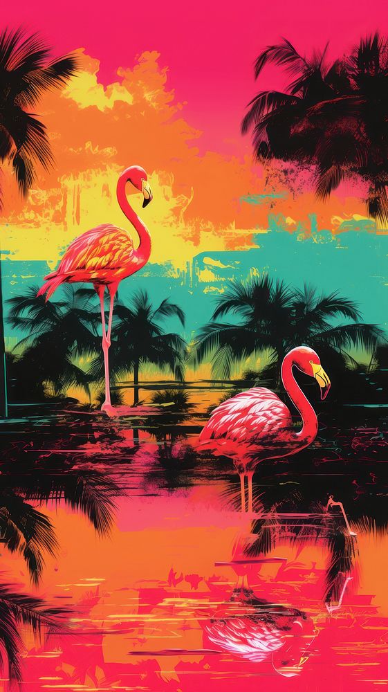 Flamingo with palm tree pattern painting outdoors nature. AI generated Image by rawpixel.