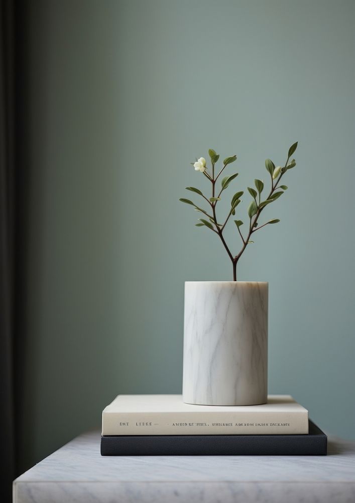  Marble sculpture white vase with vintage book on a table plant publication houseplant. AI generated Image by rawpixel.