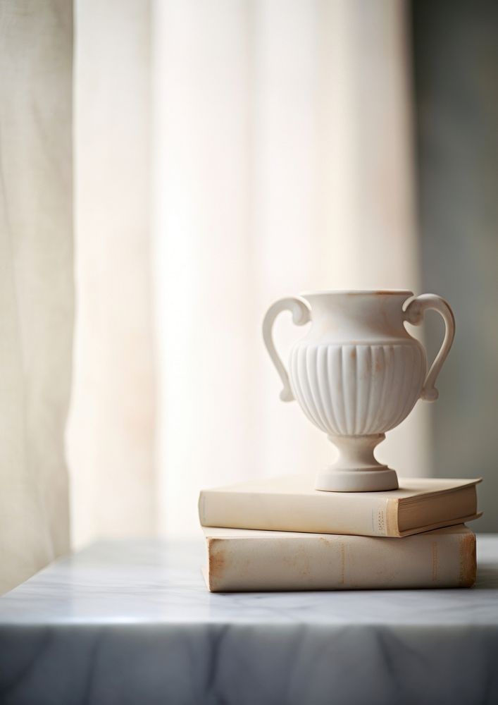  Marble sculpture white vase with vintage book on a table furniture cup mug. AI generated Image by rawpixel.