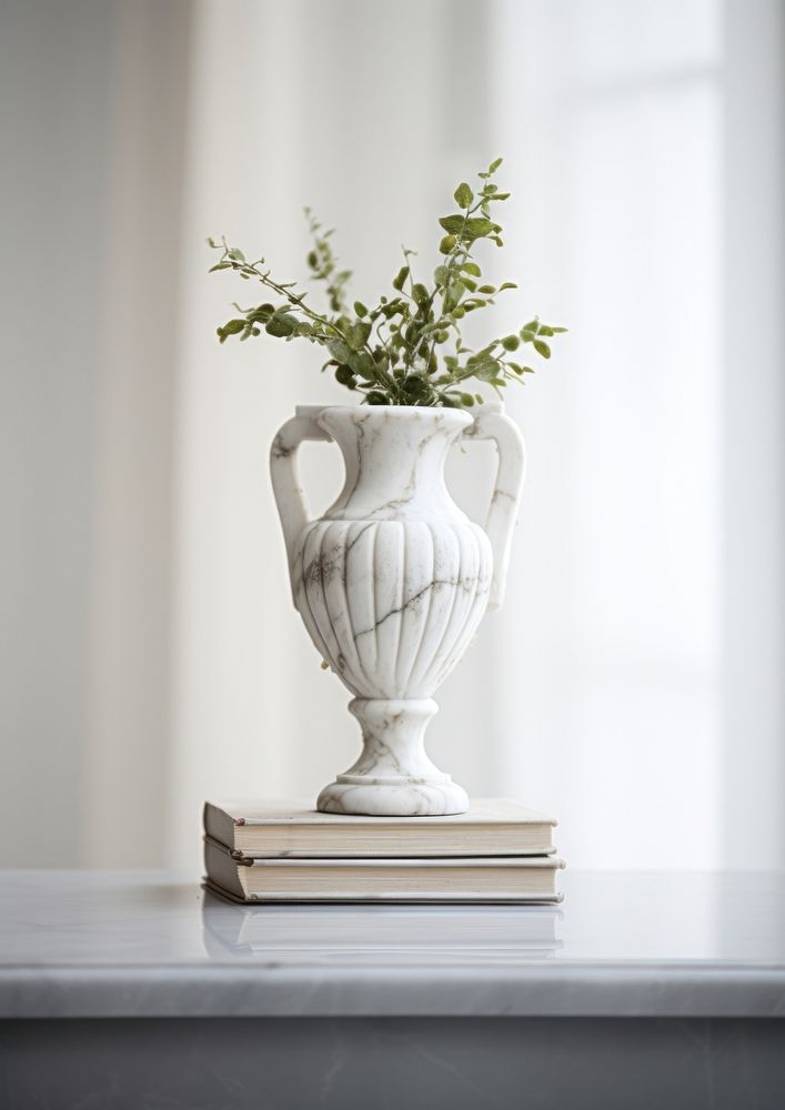  Marble sculpture white vase with vintage book on a table windowsill flower plant. AI generated Image by rawpixel.